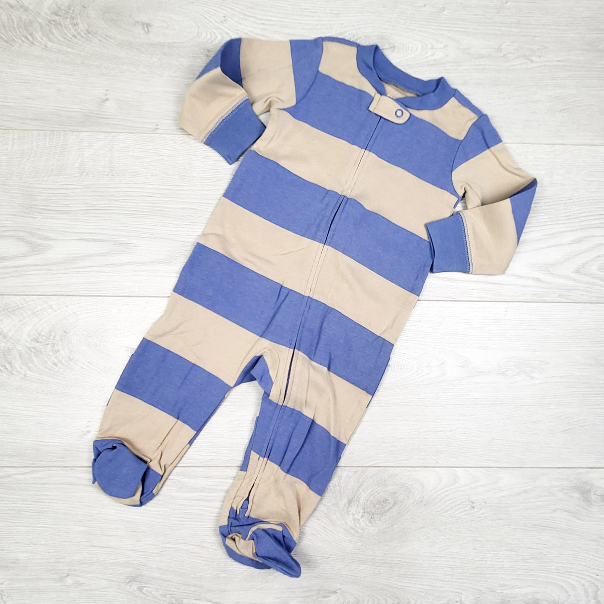 Carters beige and blue striped zippered cotton sleeper. Size 9 months