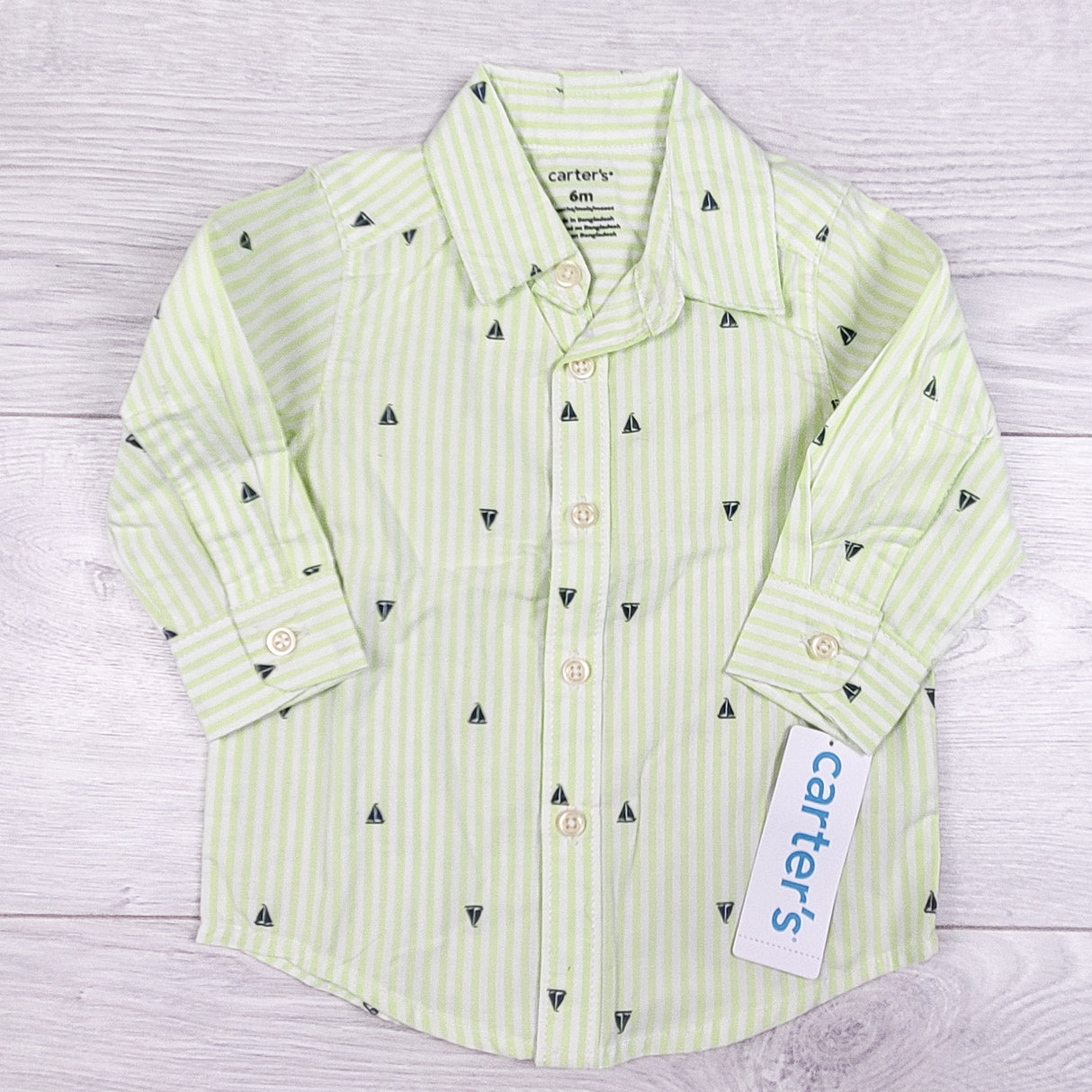 NEW - Carters yellow striped button down shirt with sailboats. Size 6 months
