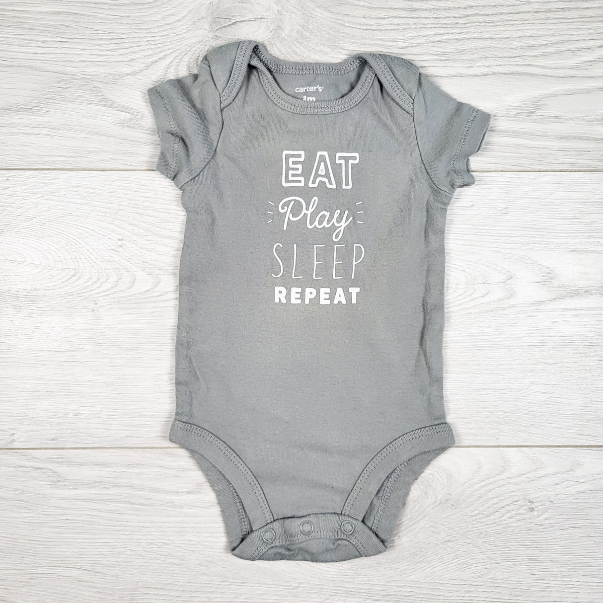 Carters grey "Eat, Play, Sleep" bodysuit. Size 3 months