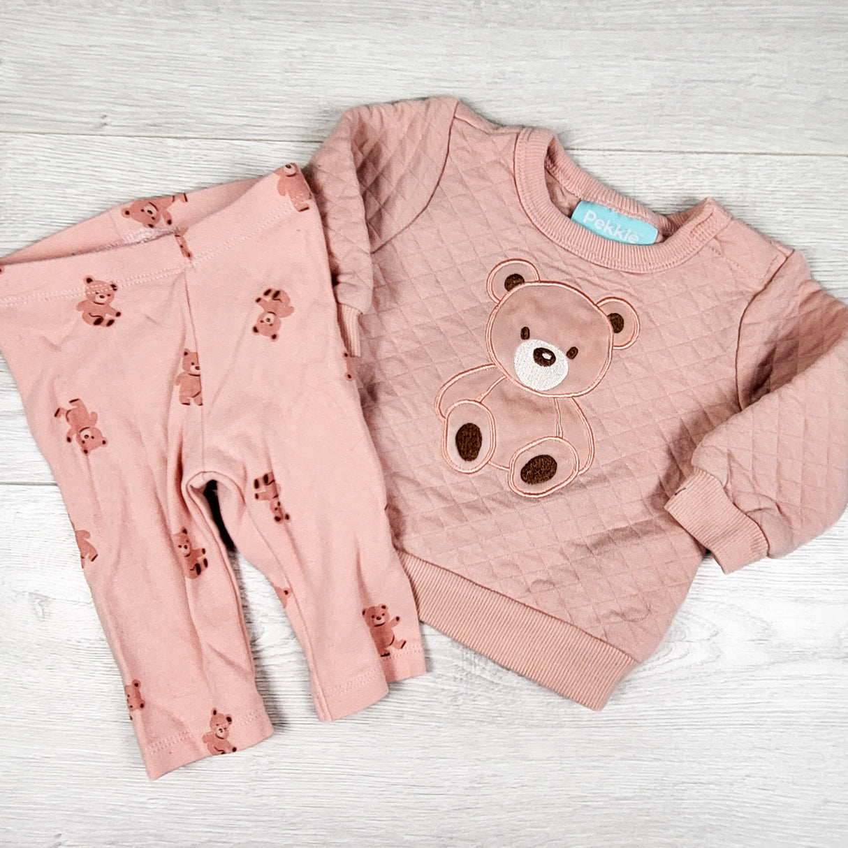 Pekkle pink 2pc set with teddy bears. Size 3 months