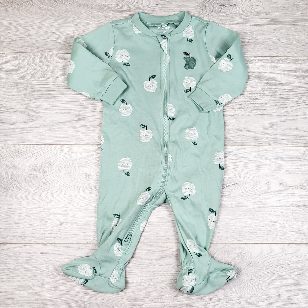 Pekkle green zippered sleeper with apples. Size 6 months