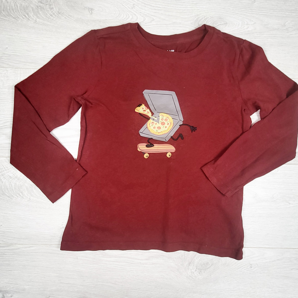 Pekkle burgundy long sleeve top with pizza. Size 8