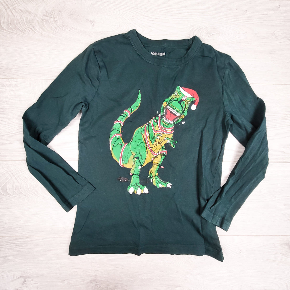 Joe Fresh green long sleeve top with Christmas T-Rex. Size 7/8