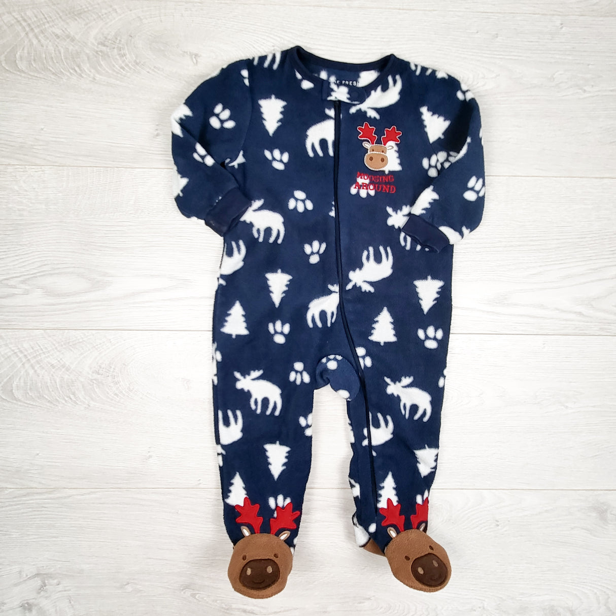 Joe navy zippered fleece sleeper with moose. Size 6-12 months
