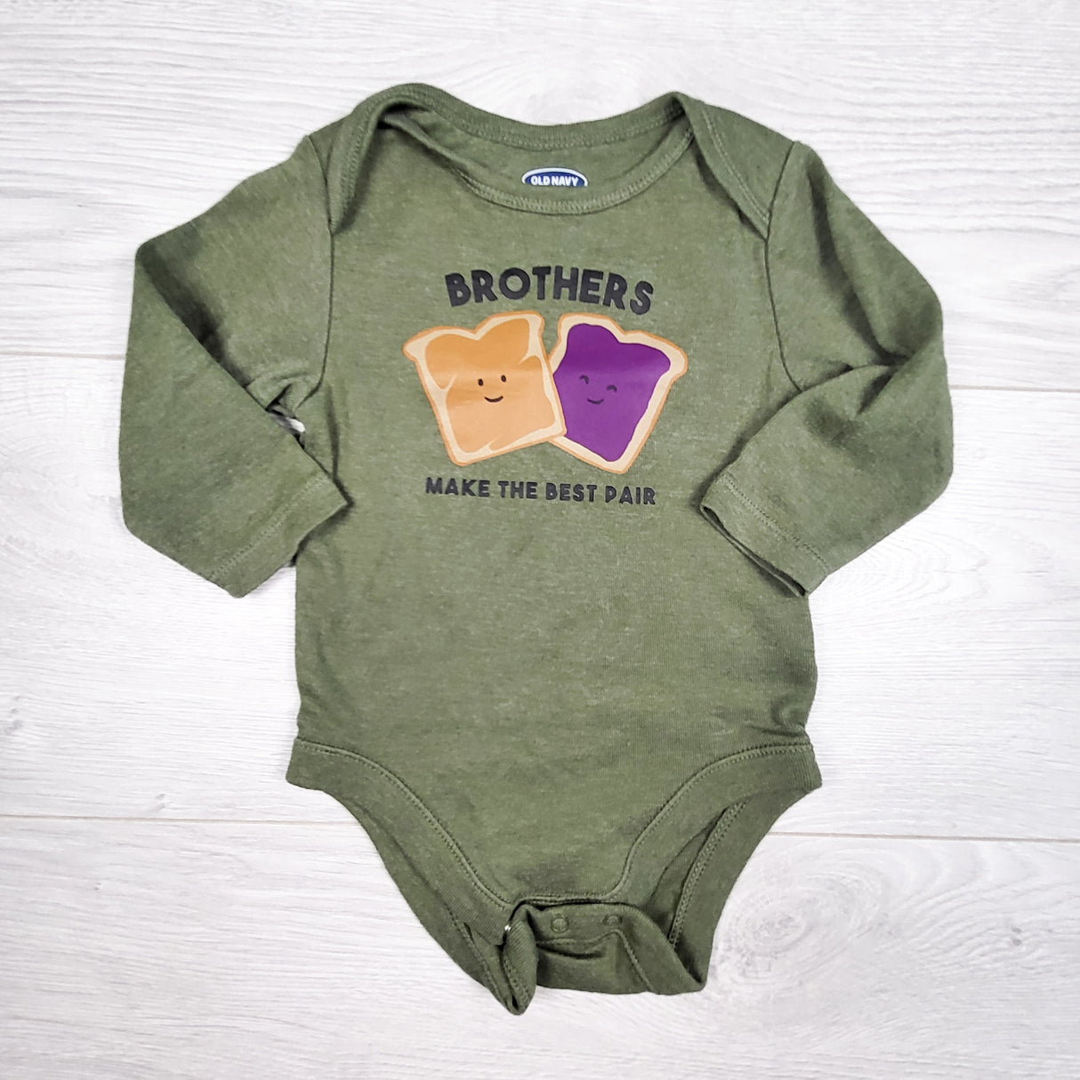 Old Navy green "Brothers" bodysuit. Size 3-6 months