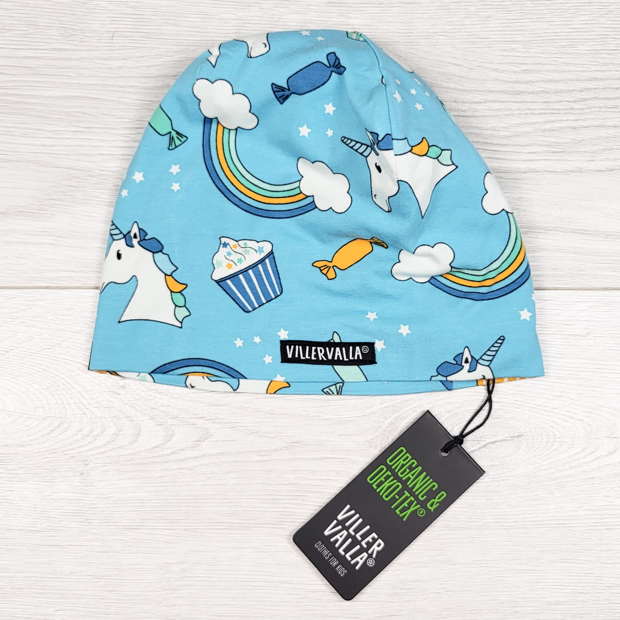 NEW - Villervalla Organic Cotton Unicorn Beanie. 6-8 Years