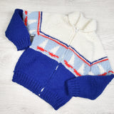 Handmade nautical print chunky zippered sweater with sailboats. Approx size 5/6