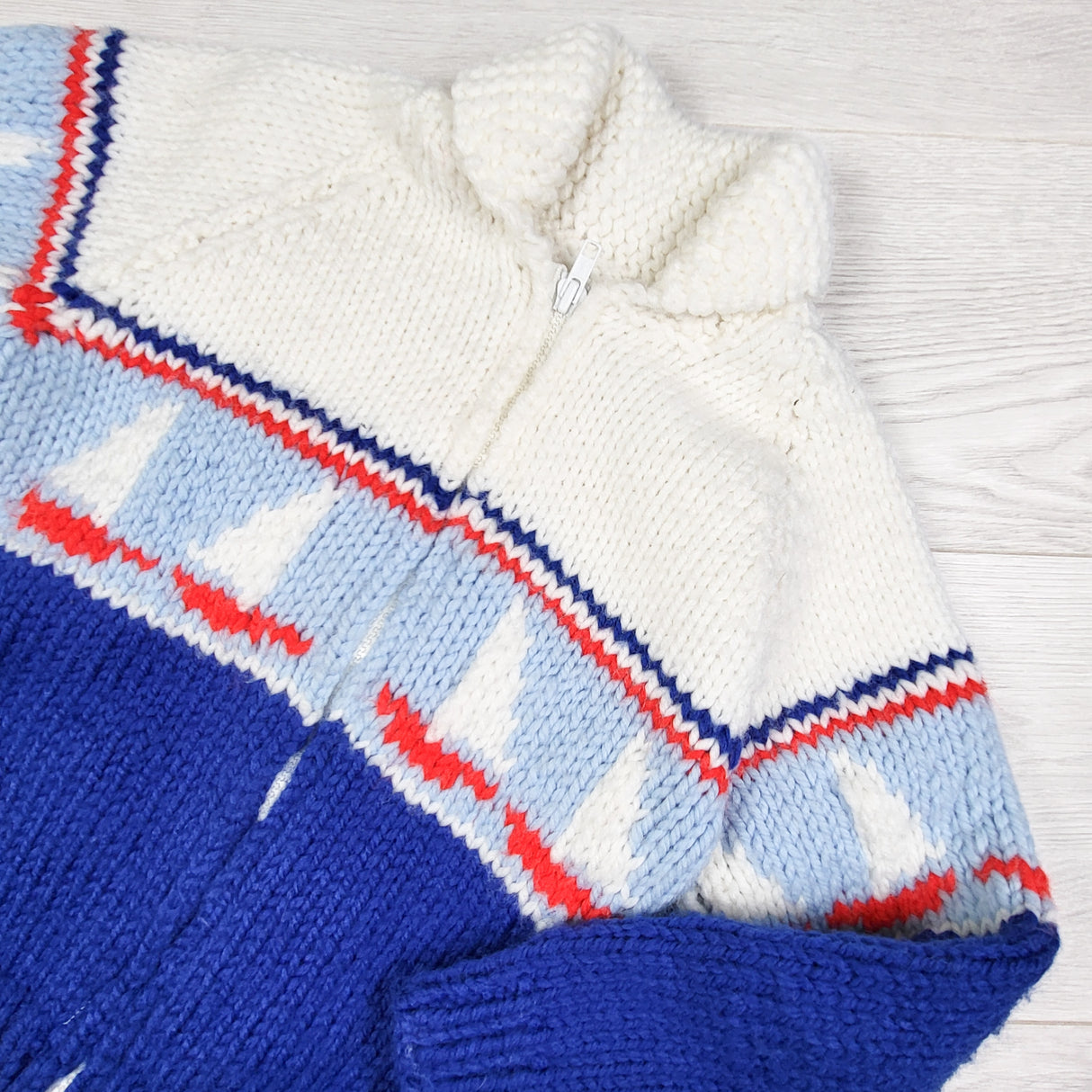 Handmade nautical print chunky zippered sweater with sailboats. Approx size 5/6