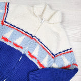 Handmade nautical print chunky zippered sweater with sailboats. Approx size 5/6