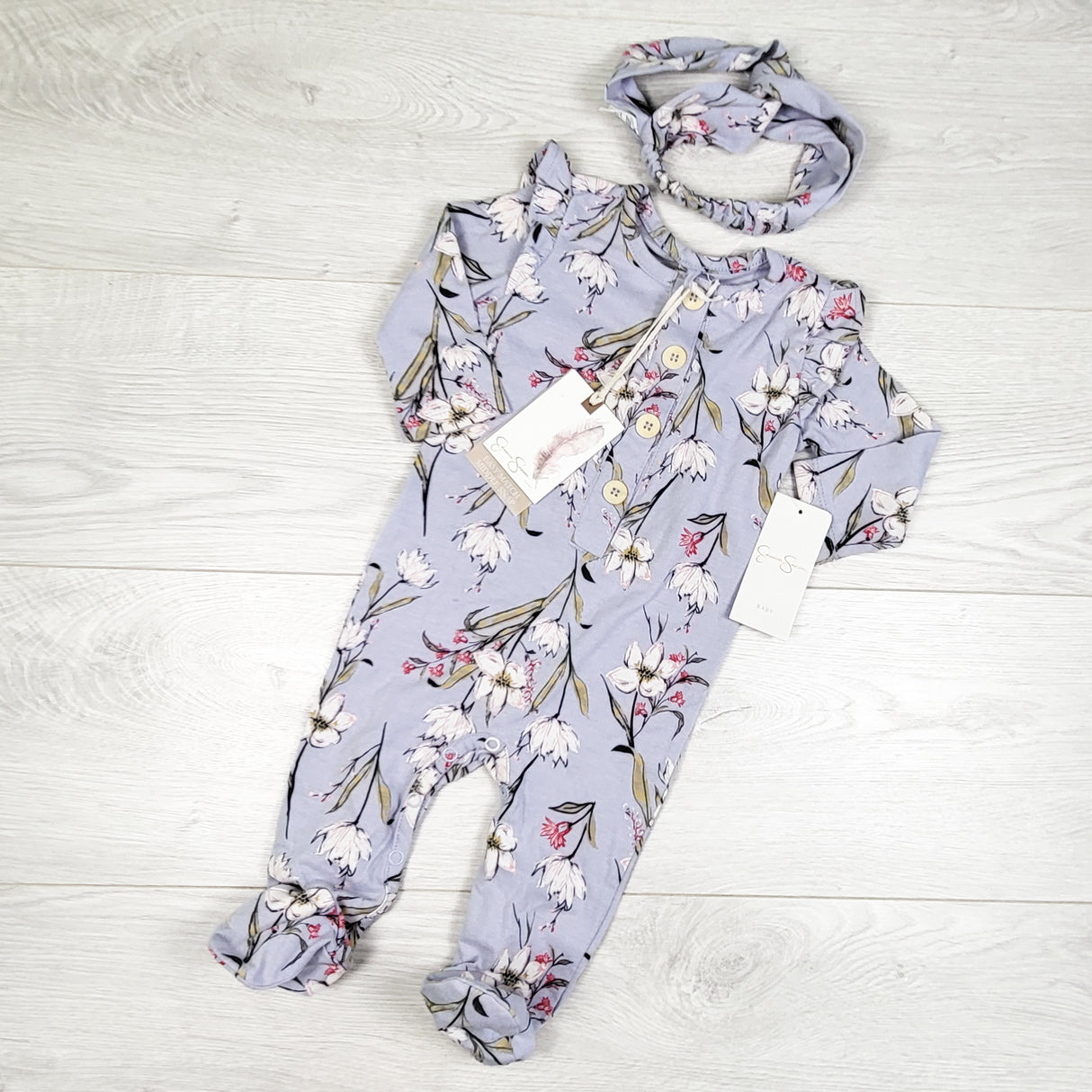 NEW - Jessica Simpson periwinkle floral print romper + headband. Size 3-6 months