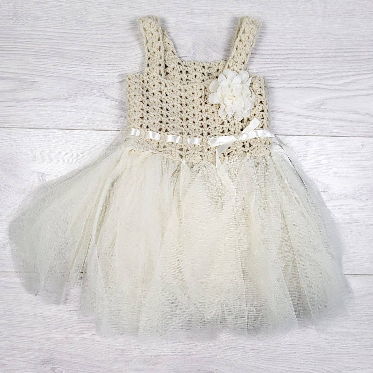 Elly and Emmy taupe crochet dress with tulle skirting. Size 0-6 months