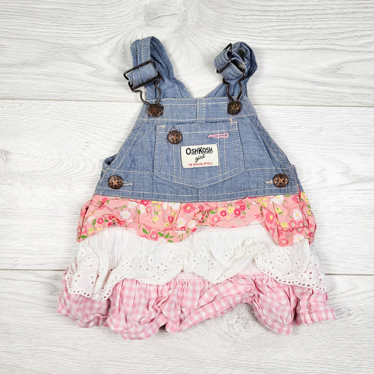 Oshkosh tiered denim overall dress. Size 3 months