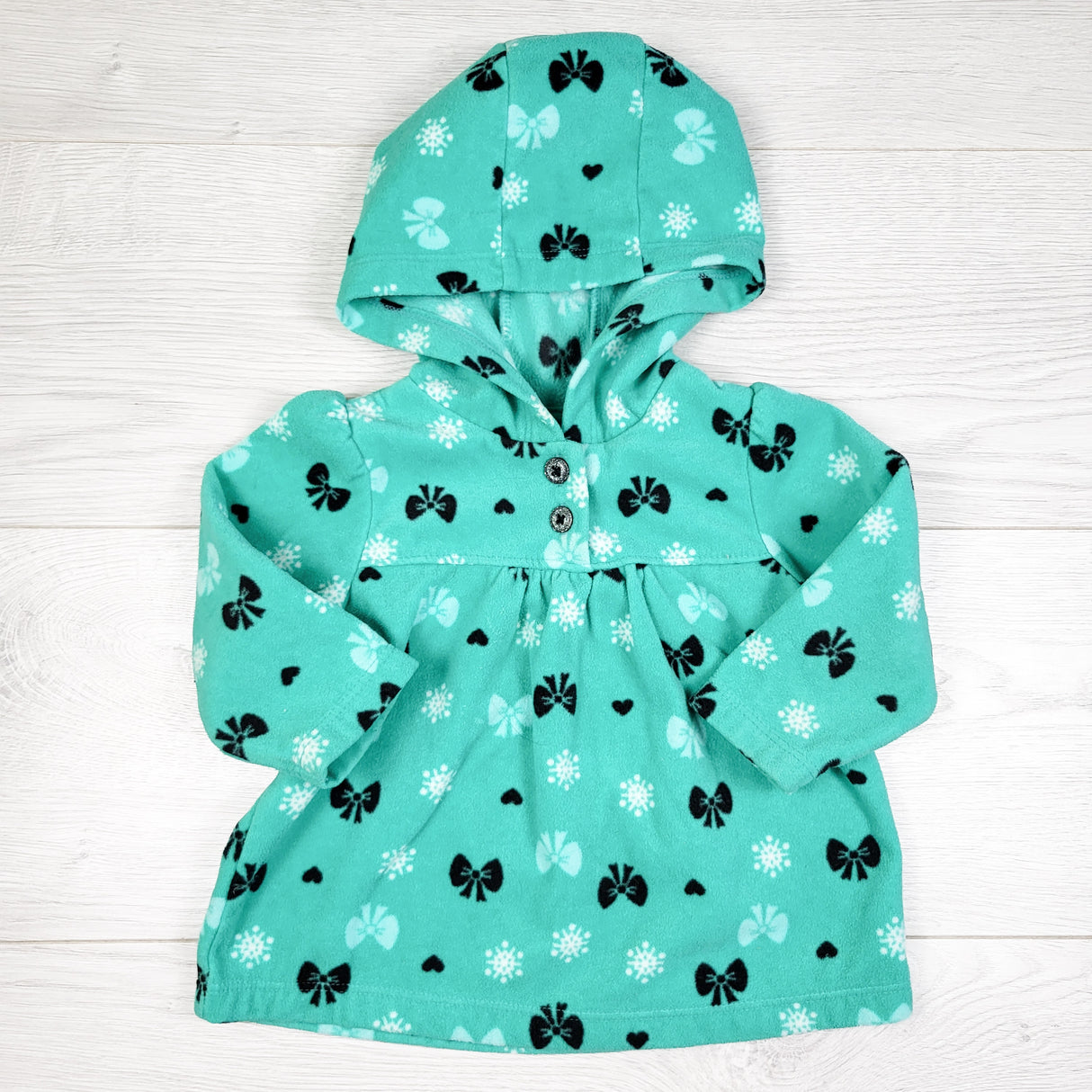 Child of Mine teal green hooded fleece jacket with bows. Size 6-9 months