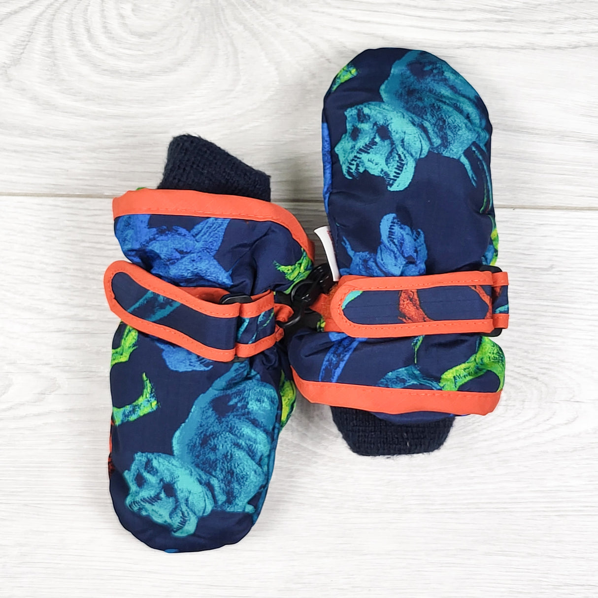 Children's Place navy dinosaur print waterproof mittens. Size 12-24 months