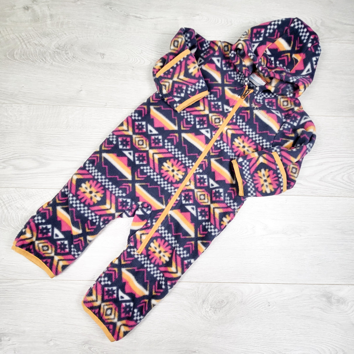 Columbia geometric patterned fleece bunting suit. Size 6-12 months