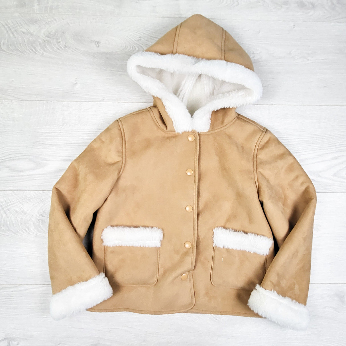 Joe Fresh tan faux suede hooded jacket with fur lining. size 5T