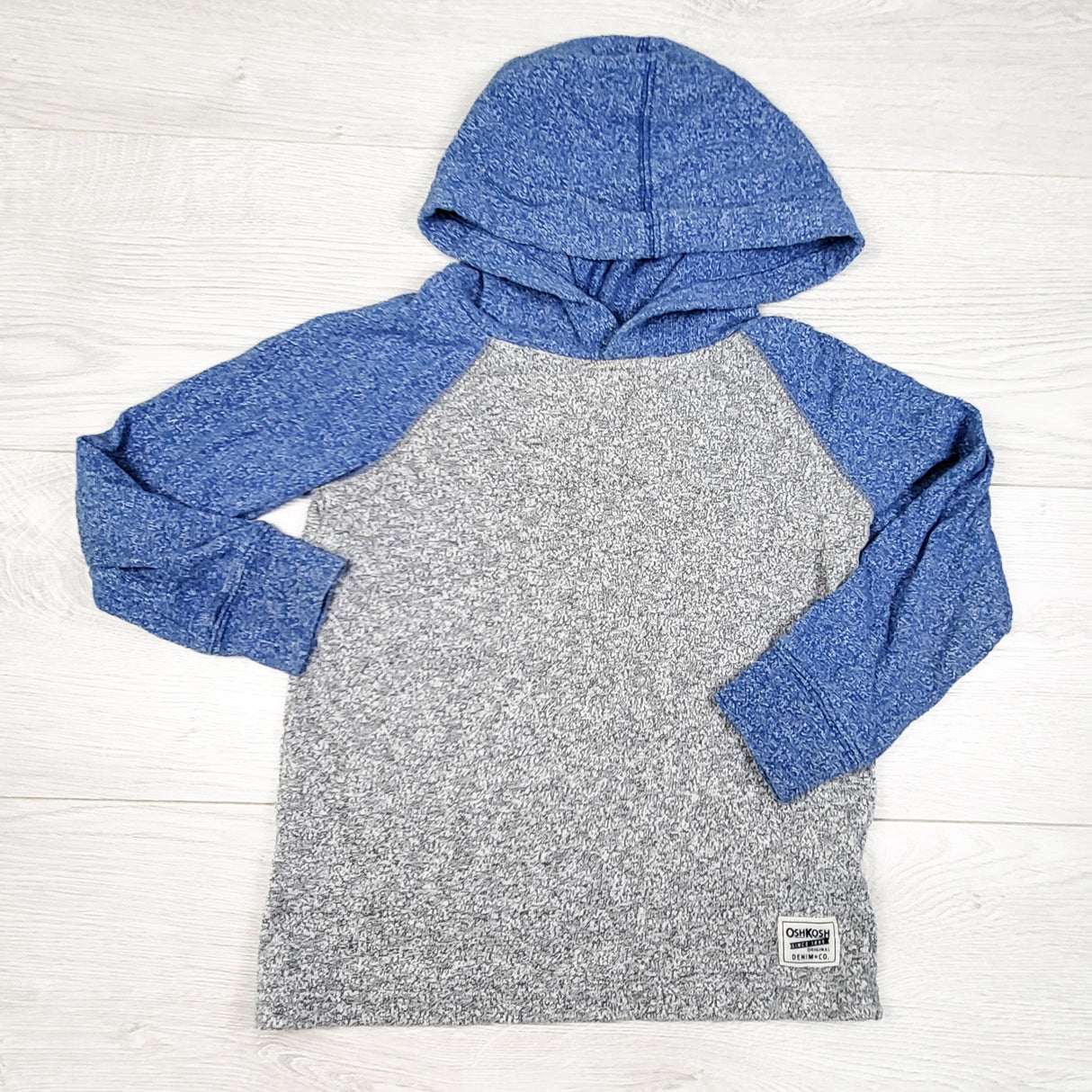 Oshkosh grey and blue knit pullover hooded top. Size 5T