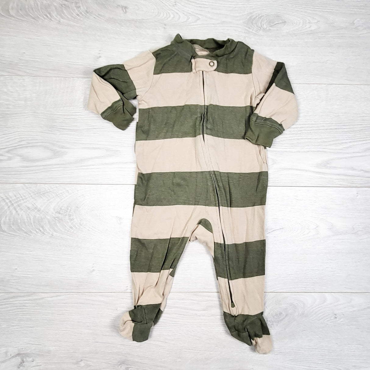 Carters beige and green striped zippered cotton sleeper. Size 6 months