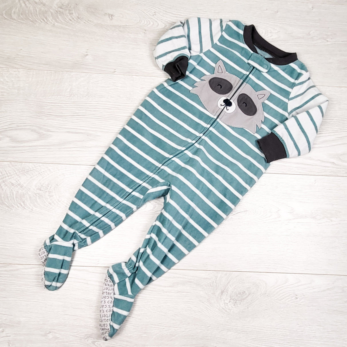 Carters teal striped zippered fleece sleeper with racoon. Size 9 months