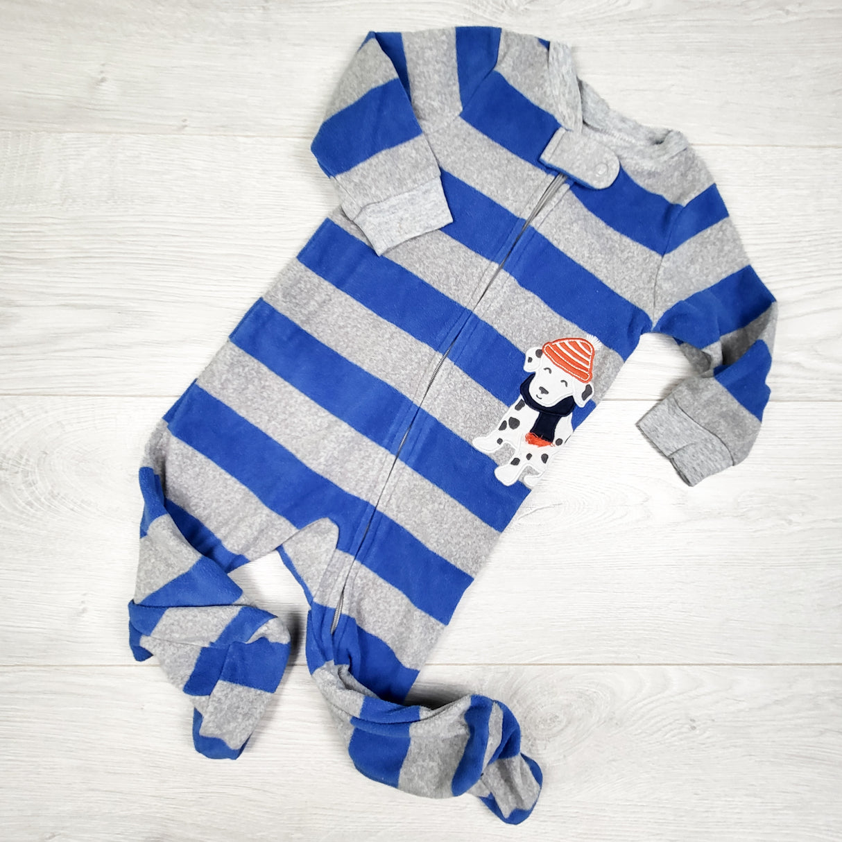 Carters blue and grey striped zippered fleece sleeper with dog. Size 9 months