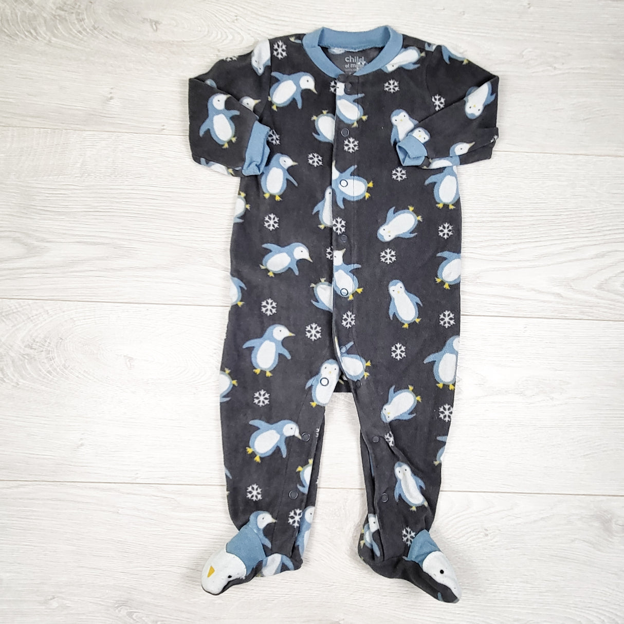 Child of Mine grey fleece sleeper with penguins. Size 6-9 months