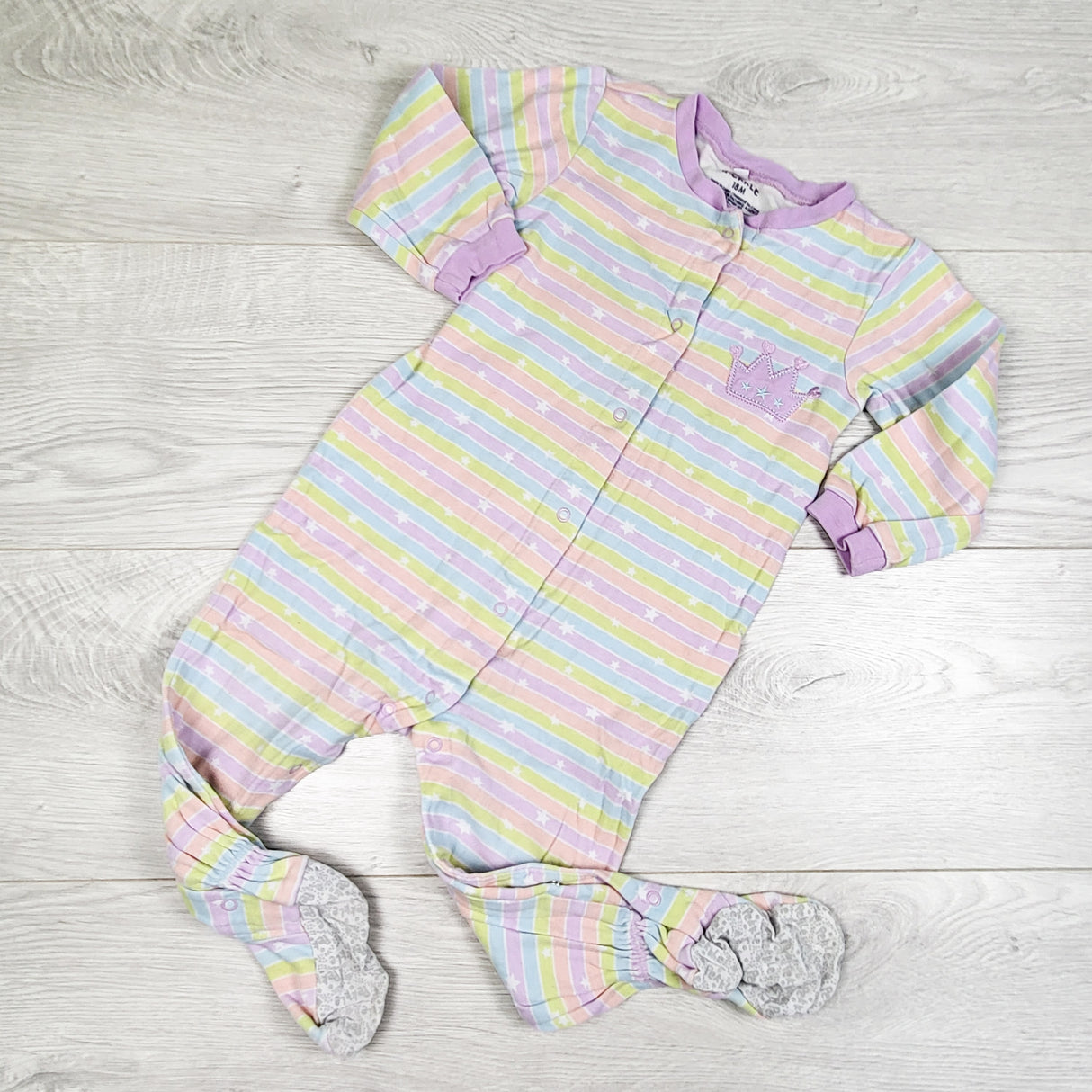 Pekkle multi-striped sleeper with crown. Size 18 months