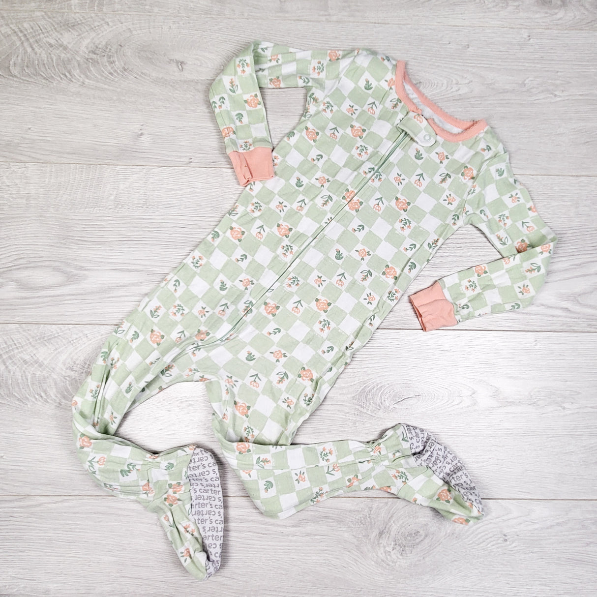 Carters green checked zippered cotton sleeper with flowers. Size 24 months