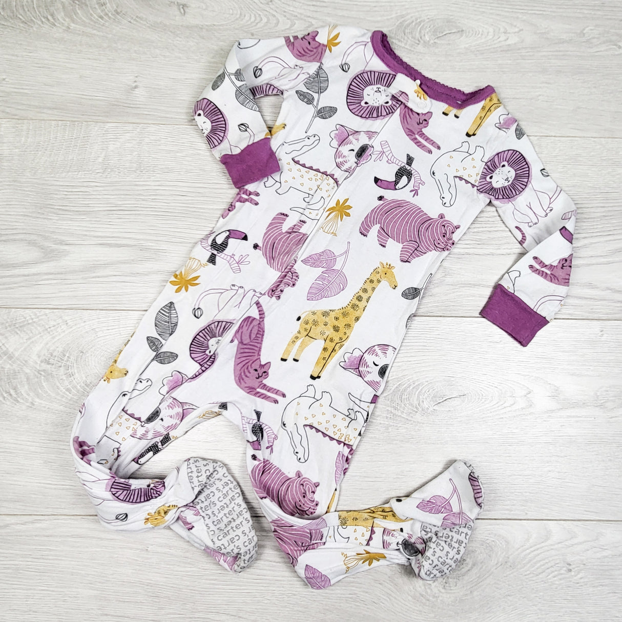 Carters white and purple zippered cotton sleeper with safari animals. Size 18 months