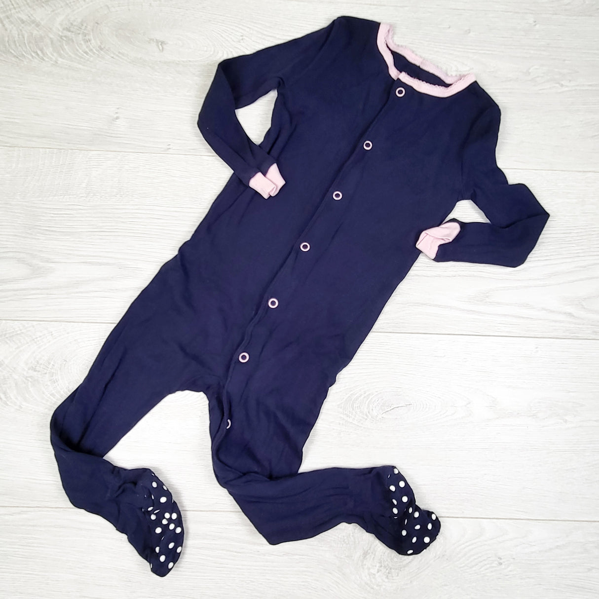 Joe navy sleeper with pink trim. Size 18-24 months