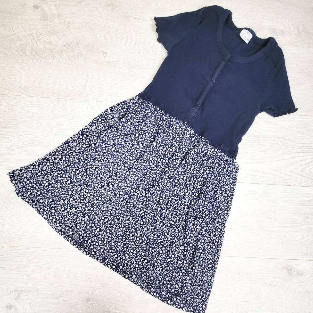 Zara navy ribbed dress with floral print skirting. Size 11/12