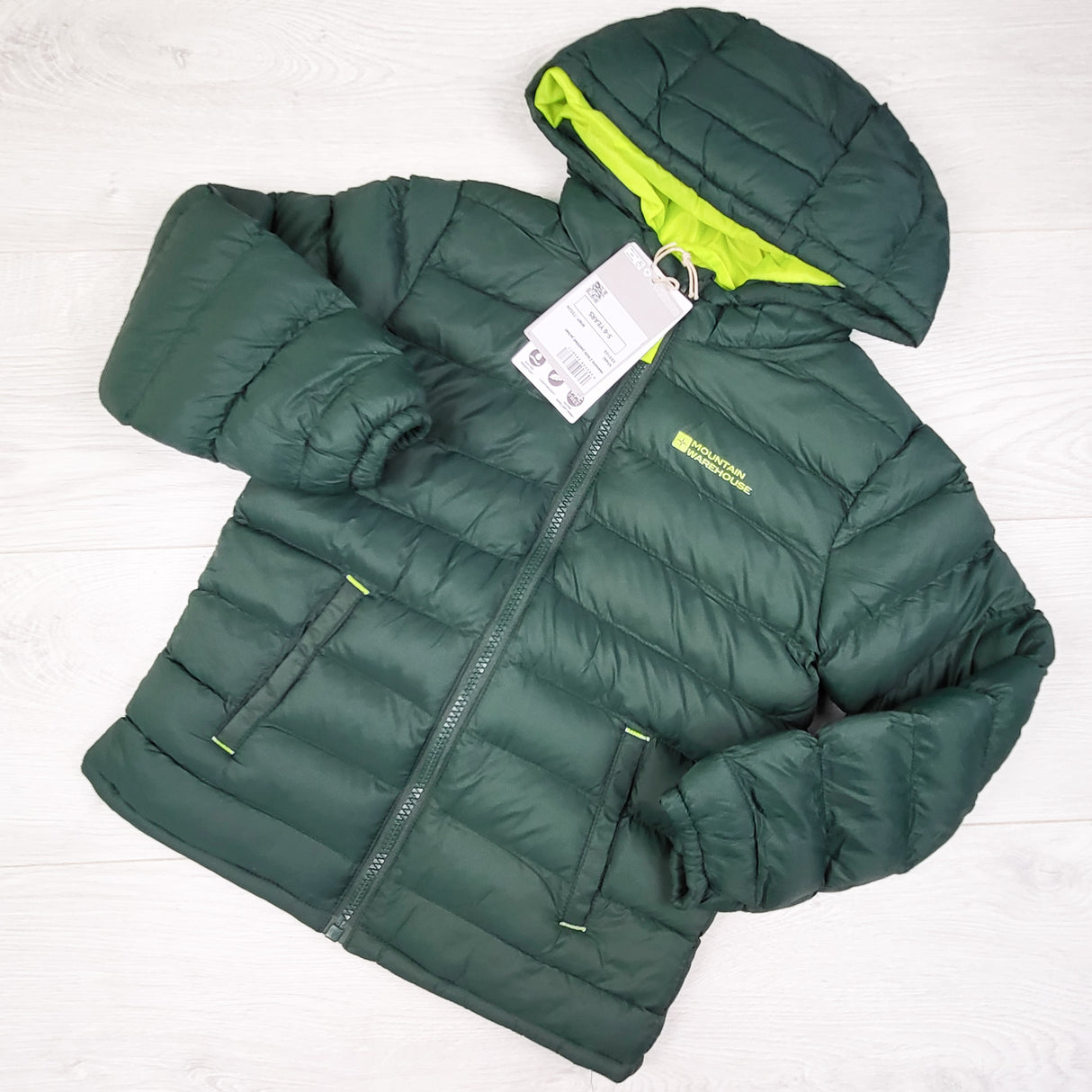 NEW - Mountain Warehouse green hooded puffer coat. Size 5/6