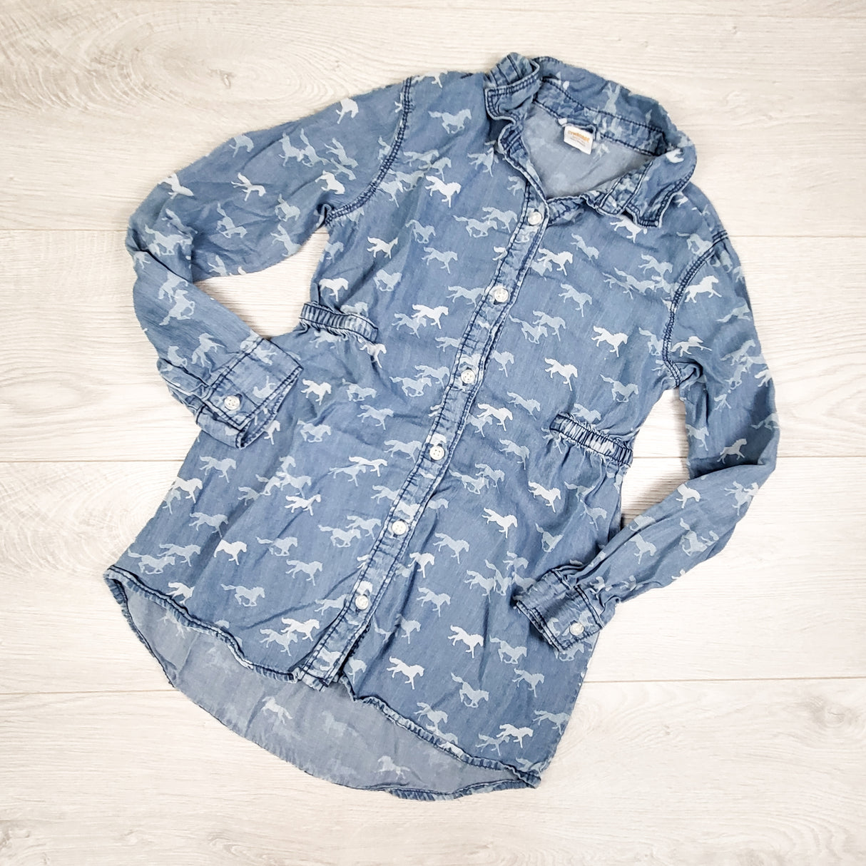 Gymboree denim look button down Lyocell dress with horses. Size 7/8