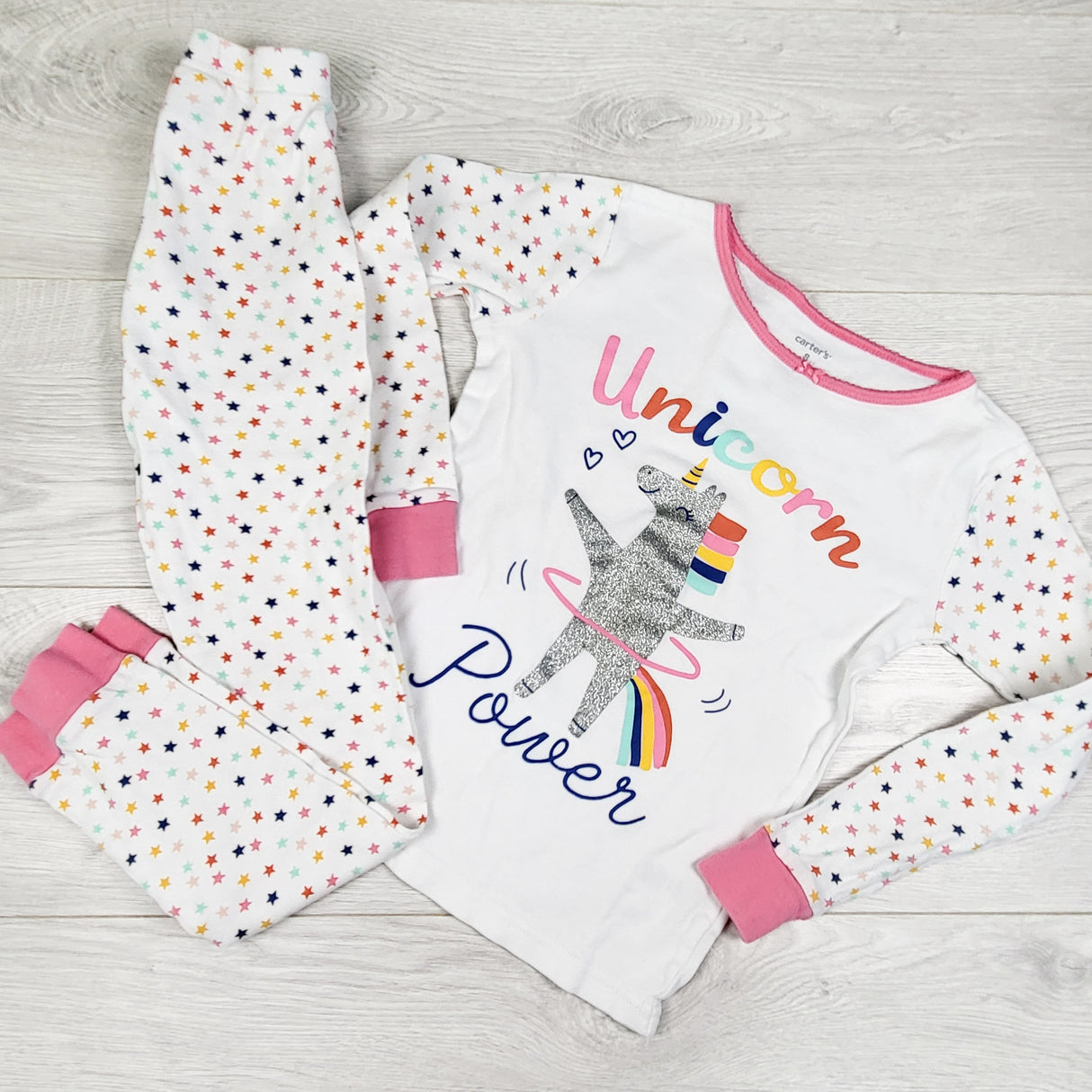 Carters white 2pc "Unicorn Power" 2pc Pjs with stars. Size 8