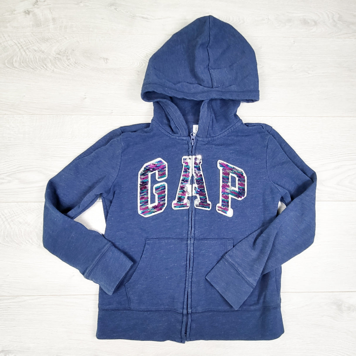 Gap blue zip up hoodie with sequin logo. Size 8