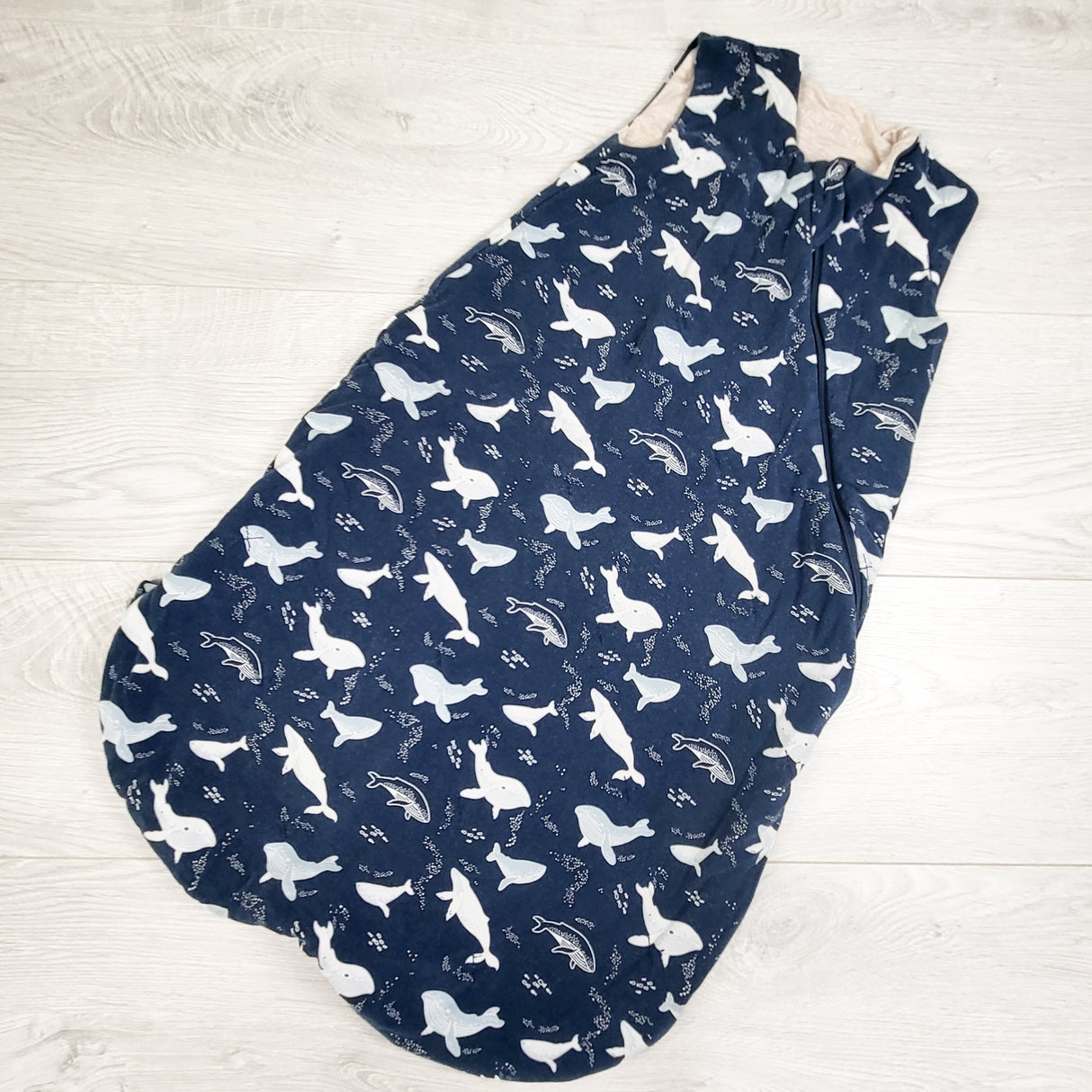 Loulou Lollipop navy Tencel blend sleep sack with whales. Size 0-6 months