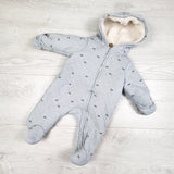 Carters blue quilted sherpa lined bunting suit with dinosaurs. Newbon size