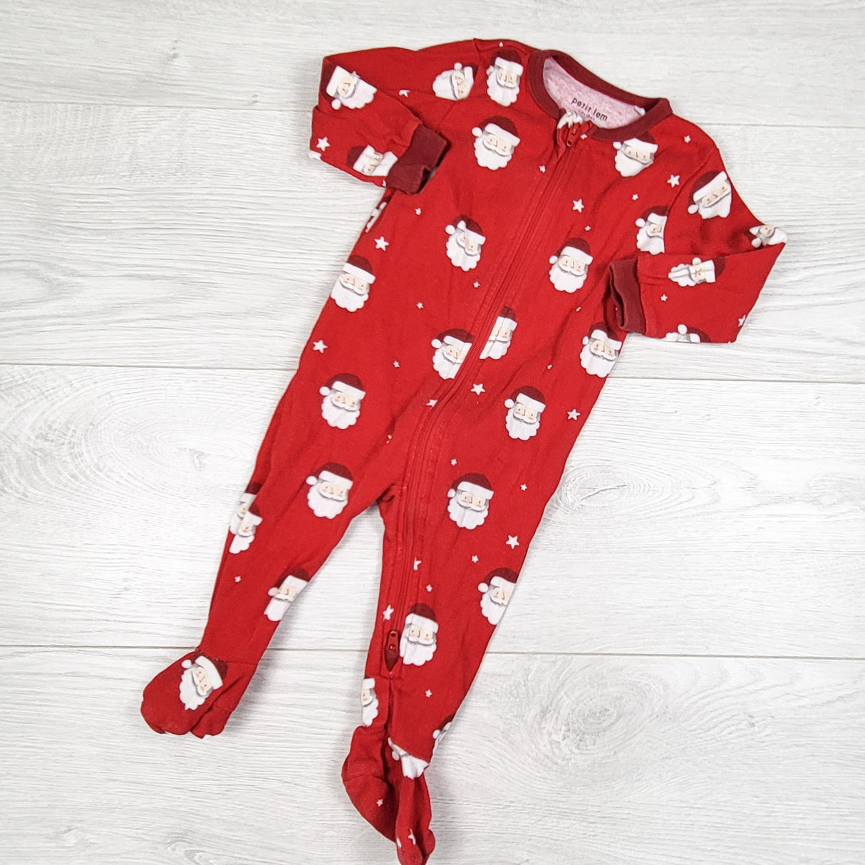 Petit Lem red zippered cotton sleeper with Santas. Size 3 months