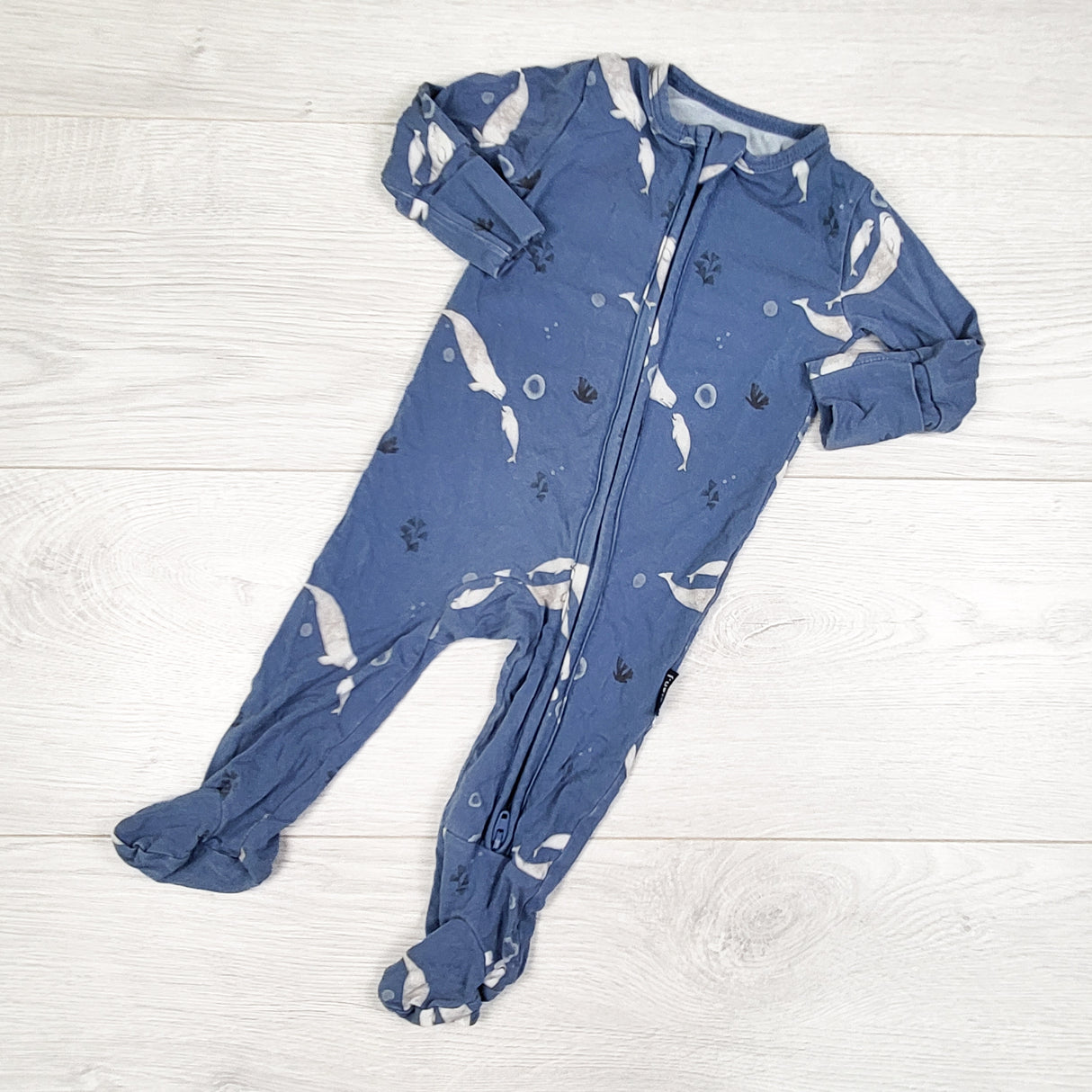 Belan J. blue zippered bamboo sleeper with whales. Size 0-3 months