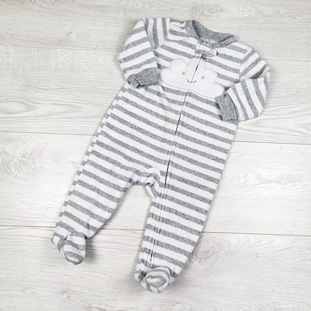 Carters grey and white striped zippered fleece sleeper with cloud. Size 9 months