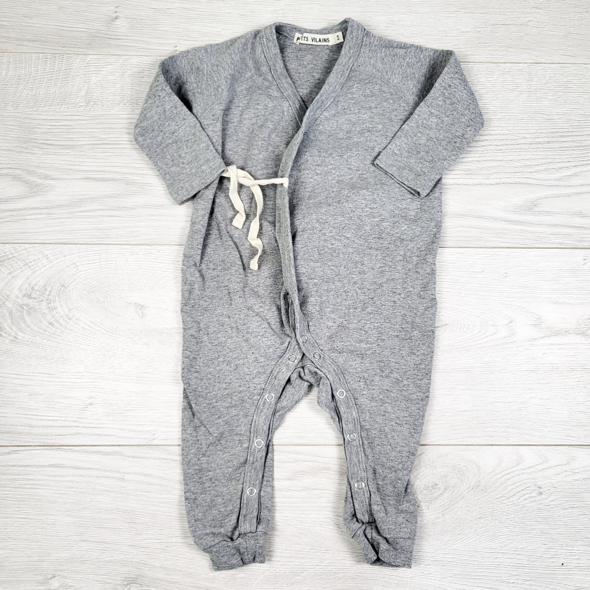 Petits Vilains grey wrap style organic cotton sleeper. Size 3-6 months