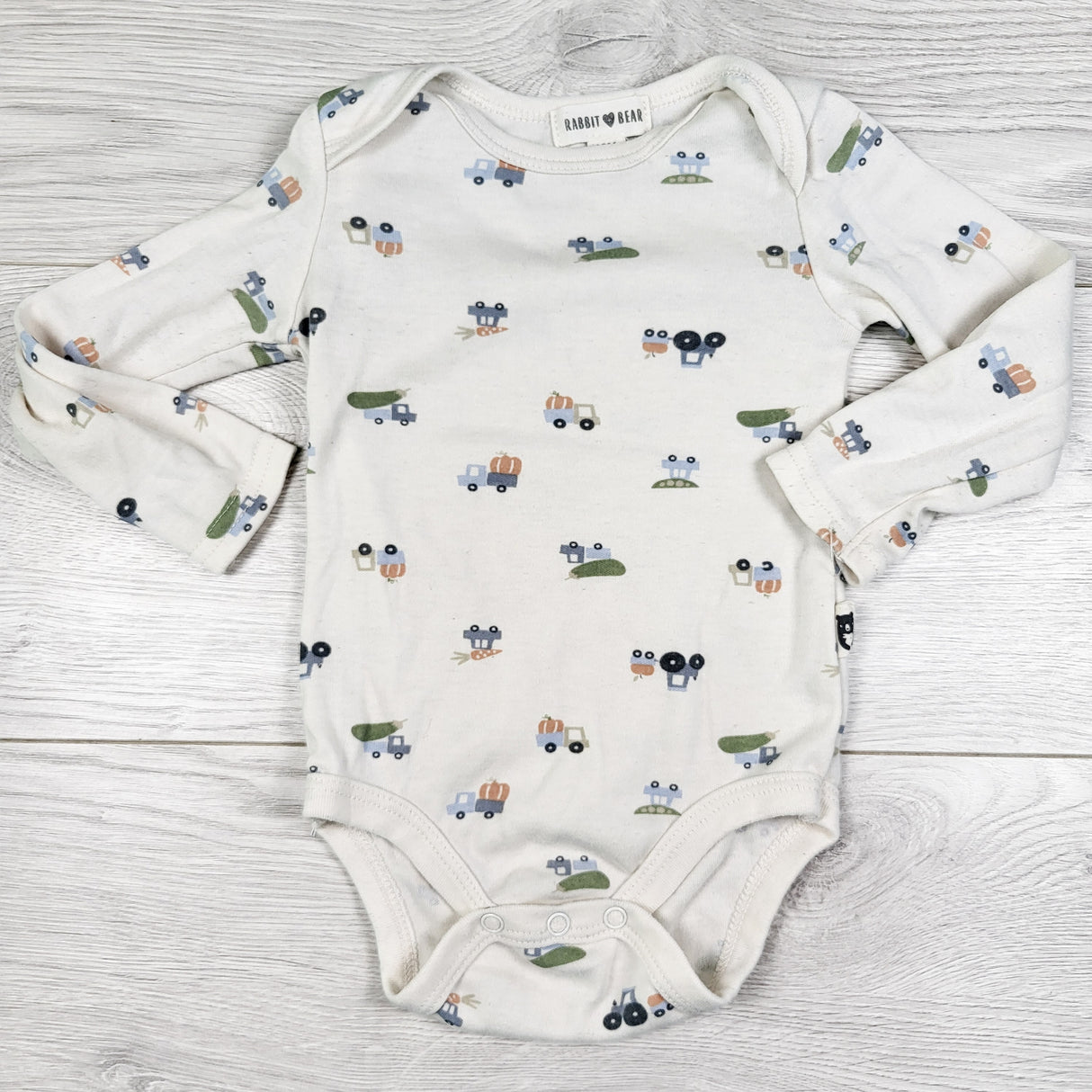 Rabbit and Bear bodysuit with trucks. Size 12 months