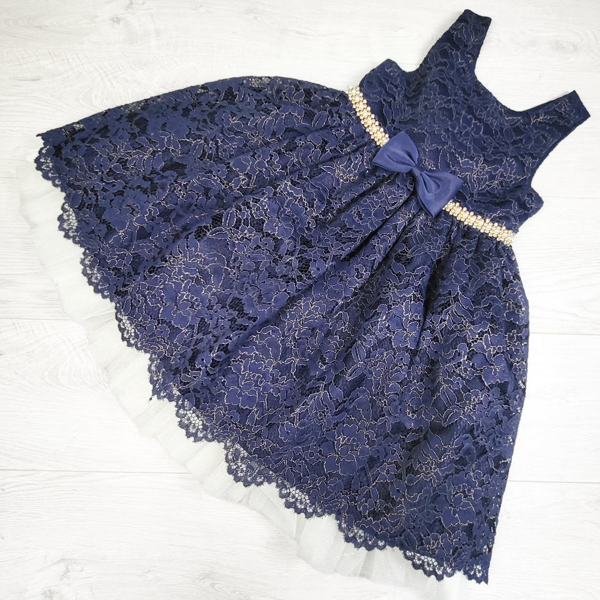 American Princess Navy Floral Lace Special Occasion Dress. Size 6X/7