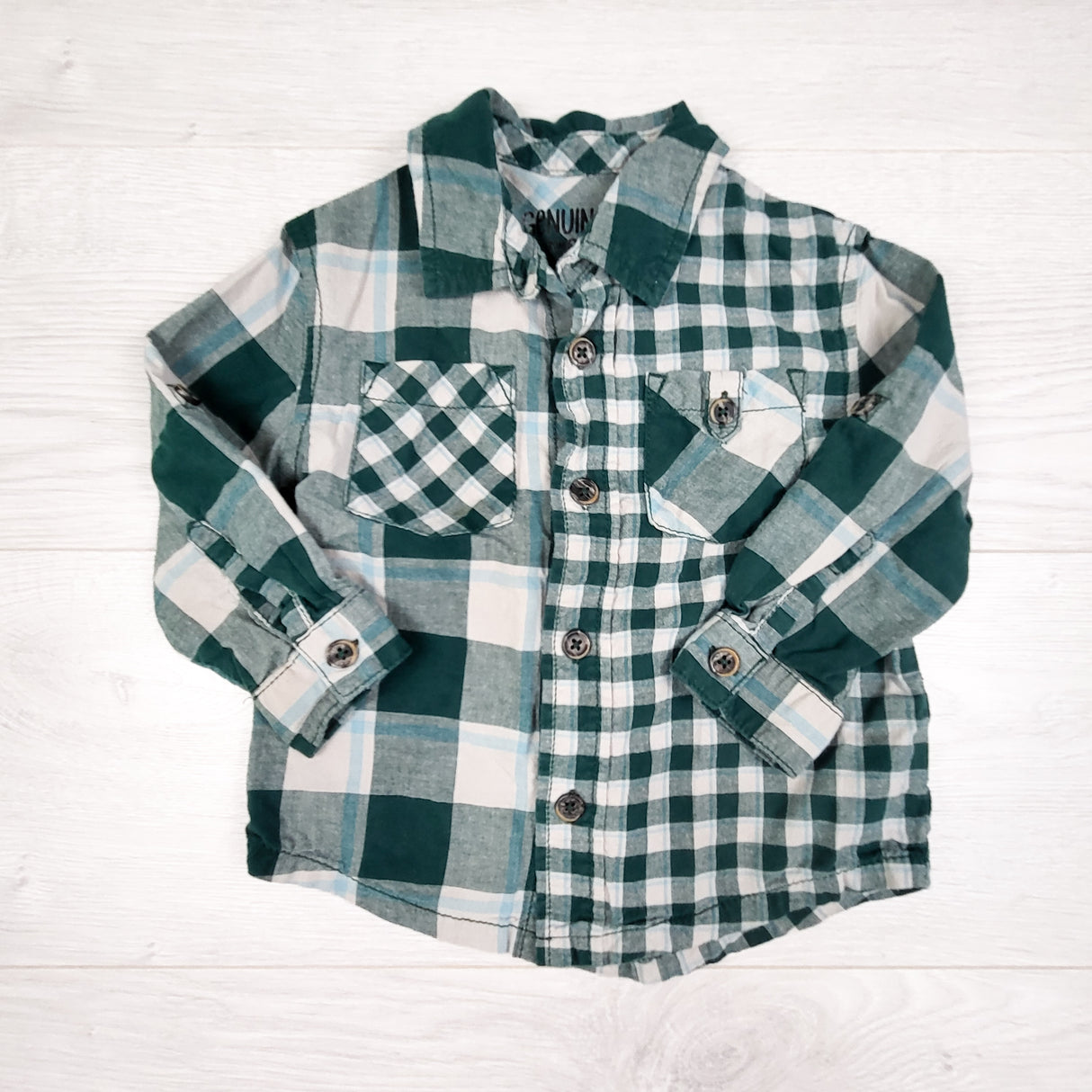 Genuine Kids green plaid button down shirt. Size 18 months