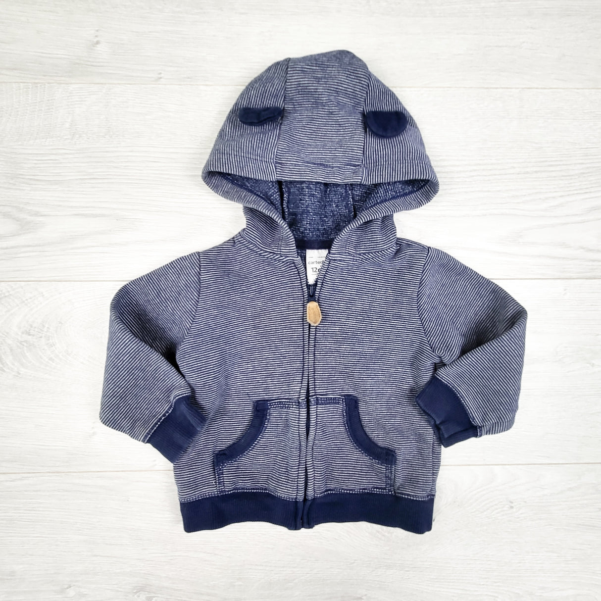 Carters blue striped zip up hoodie with bear ears. Size 12 months