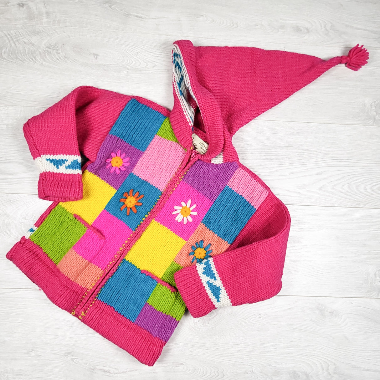 Highlander Trading Company patchwork pixie hood sweater coat. Size 6