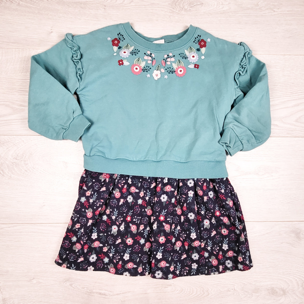 Rococo teal and navy floral print sweatshirt dress. Size 4/5T