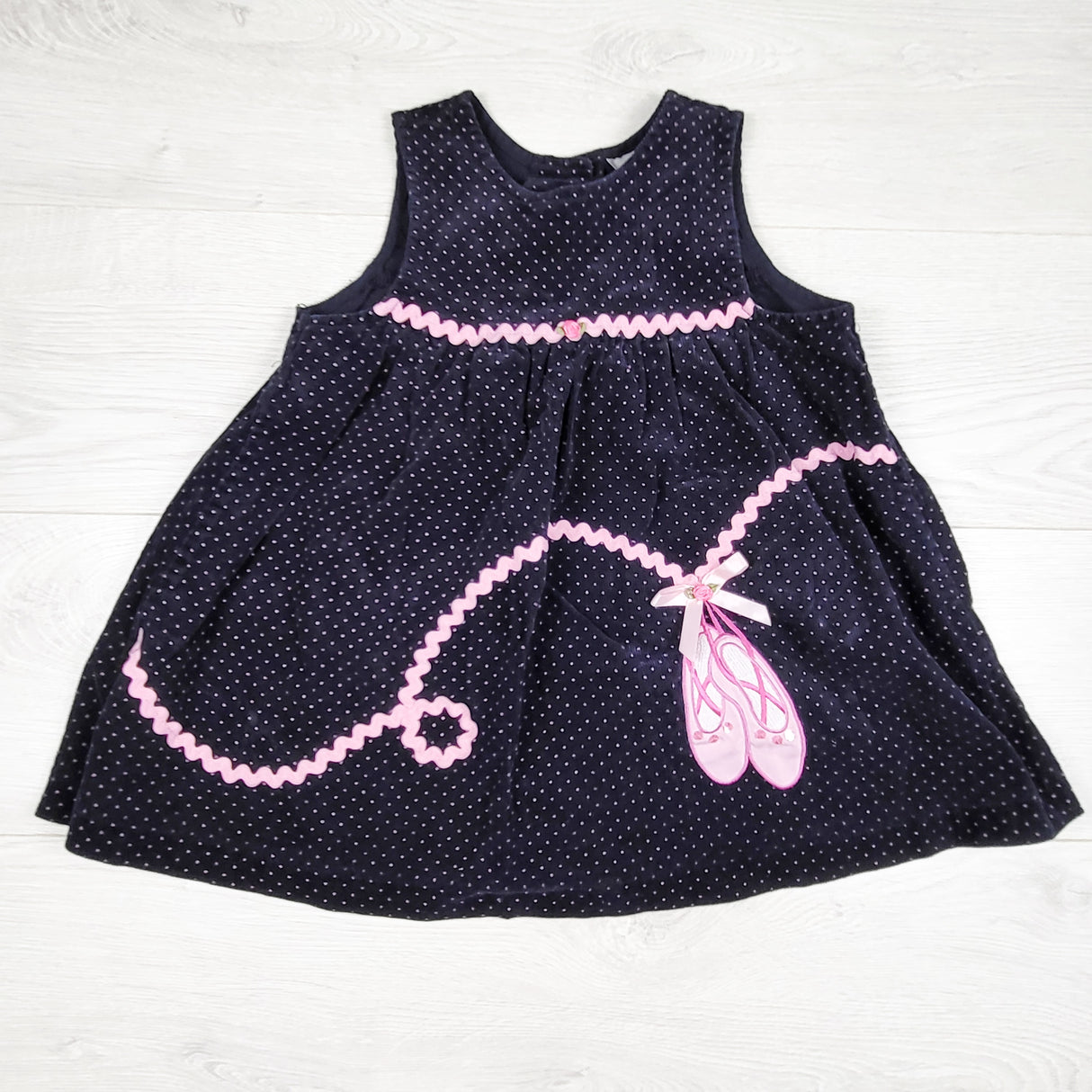 Rare, Too navy and pink polka dot corduroy dress with ballet slippers. Size 3T