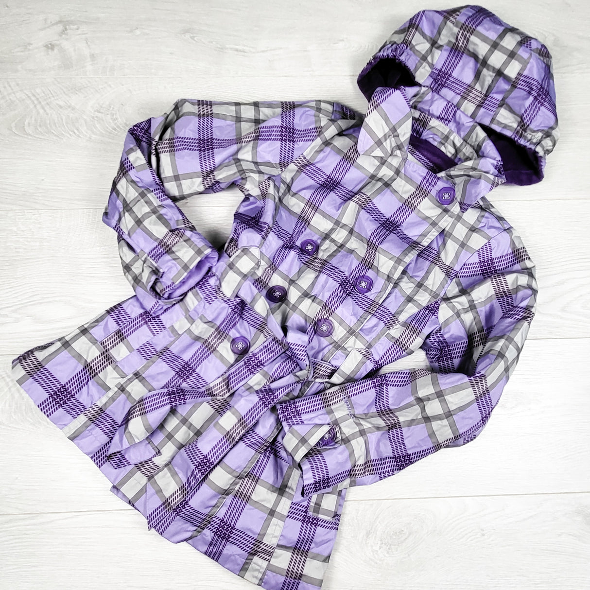 London Fog purple plaid hooded trench coat. Size 7