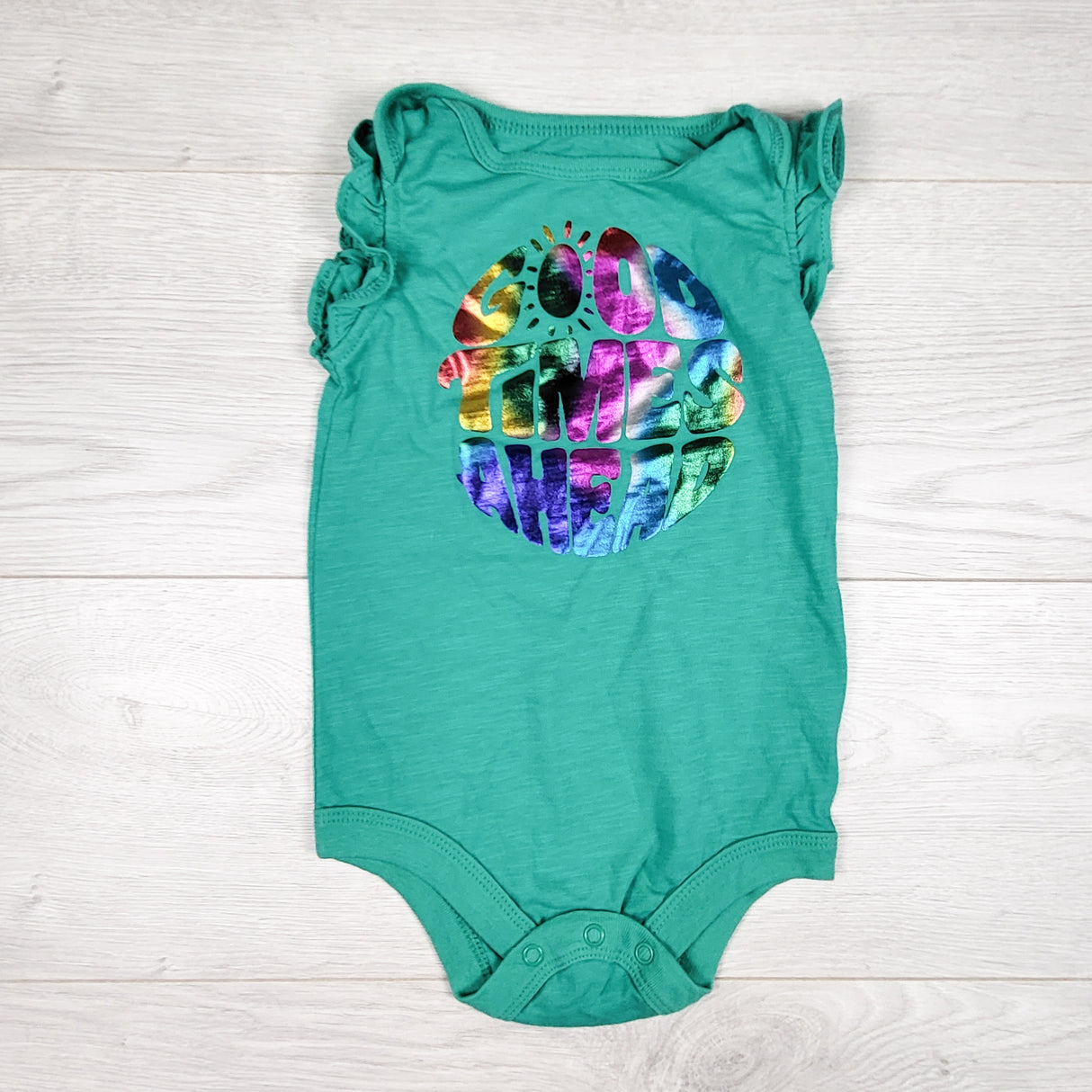 George green bodysuit with metallic print "Good Times Ahead." Size 12-18 months