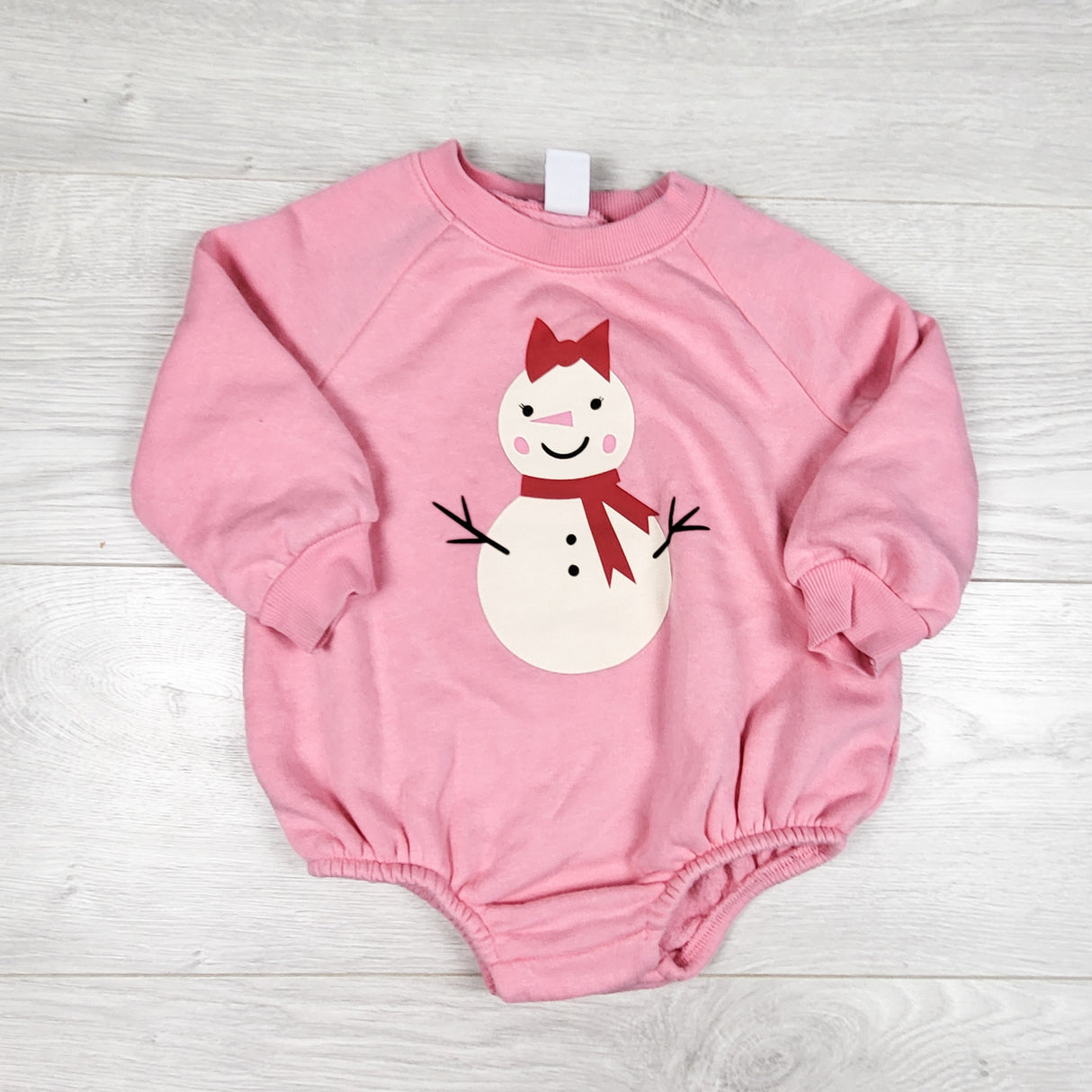 Old Navy pink sweatshirt romper with snowman. Size 12-18 months